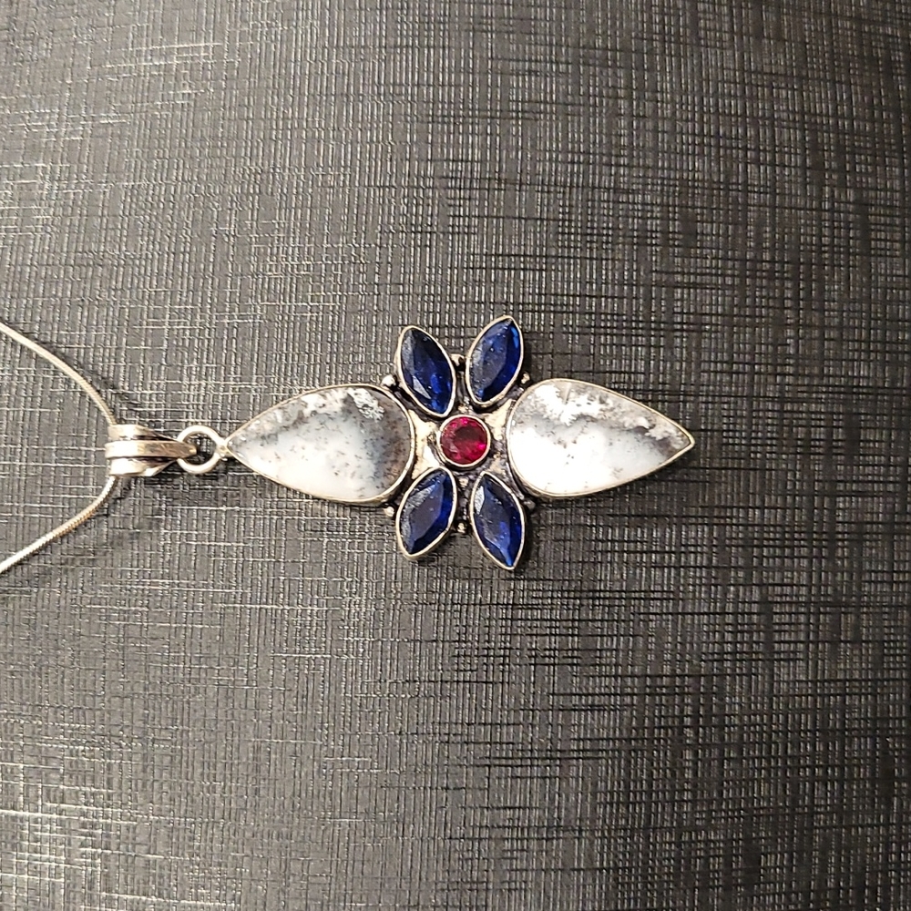 Garnet, Sapphire, Dendrite Opal & 925 Silver Pendant